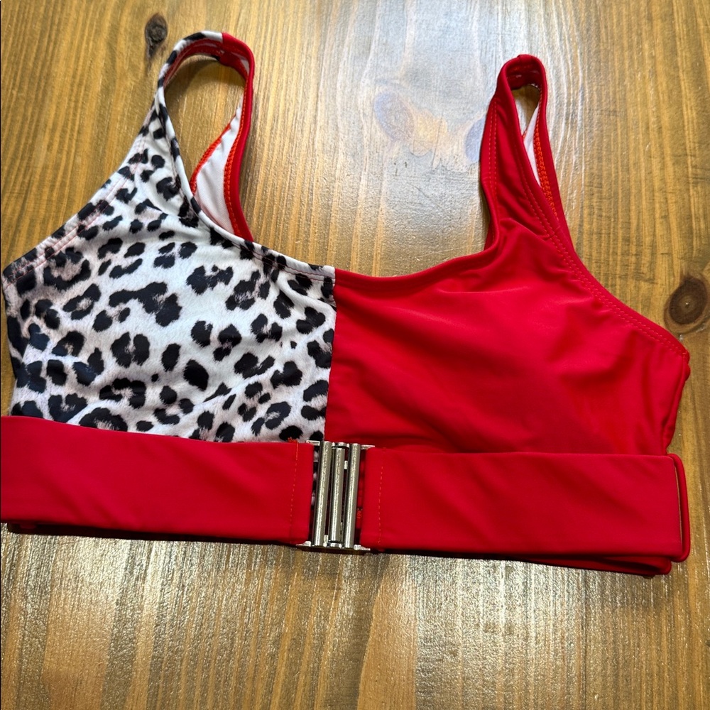 Red animal print cheetah or leopard - belted Bikini top size L NWOT